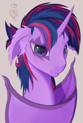 Size: 2233x3296 | Tagged: safe, artist:batsdisaster, derpibooru import, twilight sparkle, alicorn, bat pony, pony, alternate hairstyle, bat wings, female, punklight sparkle, wings