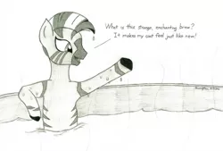 Size: 1024x692 | Tagged: artist:peruserofpieces, derpibooru import, dripping, female, hot tub, mare, missing accessory, newbie artist training grounds, pencil drawing, rhyme, safe, simple background, spa, steam, talking, text, traditional art, water, wet, zebra, zecora