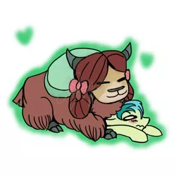 Size: 1280x1280 | Tagged: safe, artist:musicsketcher329, derpibooru import, sandbar, yona, earth pony, pony, yak, she's all yak, blushing, bow, cloven hooves, cuddling, cute, eyes closed, female, floppy ears, hair bow, heart, interspecies, male, monkey swings, obtrusive watermark, on top, prone, sandabetes, shipping, signature, simple background, sitting on, sitting on pony, smiling, straight, stuck, teenager, watermark, wavy mouth, white background, yonabar, yonadorable