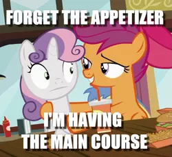 Size: 609x557 | Tagged: safe, derpibooru import, edit, edited screencap, screencap, scootaloo, sweetie belle, pegasus, pony, unicorn, twilight time, caption, cropped, female, filly, image macro, implied scootabelle, innuendo, text, wide eyes