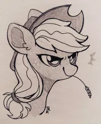 Size: 1667x2048 | Tagged: safe, artist:trickate, derpibooru import, applejack, earth pony, pony, bust, cowboy hat, determined, grayscale, hat, hay stalk, monochrome, pencil drawing, portrait, simple background, sketch, solo, straw in mouth, traditional art, white background