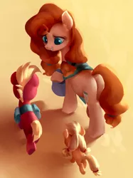 Size: 711x950 | Tagged: safe, artist:luciferamon, derpibooru import, applejack, big macintosh, pear butter, earth pony, pony, bag, brother and sister, colt, colt big macintosh, female, filly, filly applejack, male, mare, mother and child, mother and daughter, mother and son, pigtails, saddle bag, siblings, twintails, wip, younger