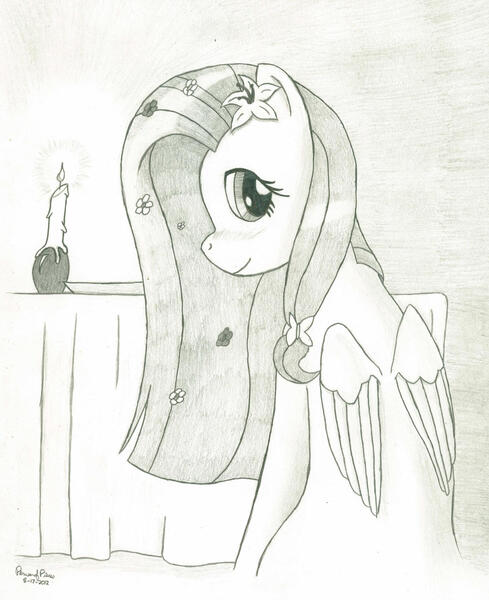 Size: 1024x1256 | Tagged: safe, artist:peruserofpieces, derpibooru import, fluttershy, pegasus, pony, ambigious shipping, bronybait, candle, candlelight, clothes, date, description is relevant, dinner, dinner date, dress, female, first date, first person view, flower, flower in hair, folded wings, hairclip, implied lesbian, implied shipping, implied straight, mare, newbie artist training grounds, offscreen character, pencil drawing, pov, profile, shy, simple background, smiling, solo, table, table cloth, traditional art, turned away, wings