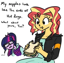 Size: 572x562 | Tagged: suggestive, artist:jargon scott, derpibooru import, sci-twi, sunset shimmer, twilight sparkle, equestria girls, awkward, confused, dialogue, eating, female, food, frown, horrified, hot dog nipples, open mouth, sandwich, shocked, simple background, sitting, smiling, sundown drama, text, too much information, torpedo tits, wat, white background, wide eyes