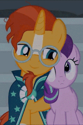 Size: 225x338 | Tagged: safe, artist:agrol, derpibooru import, starlight glimmer, sunburst, pony, unicorn, agrol is trying to murder us, animated, cape, clothes, cropped, cute, daaaaaaaaaaaw, eyes closed, facial hair, female, gif, glasses, glimmerbetes, goatee, happy, happy couple, hug, male, mare, nuzzling, open mouth, shipping, smiling, stallion, starburst, straight, sunbetes, time for two