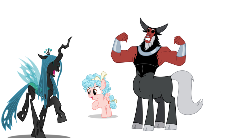 Size: 1000x600 | Tagged: safe, artist:fercho262, derpibooru import, edit, cozy glow, lord tirek, queen chrysalis, centaur, changeling, changeling queen, pegasus, pony, eyes closed, female, filly, male, mare