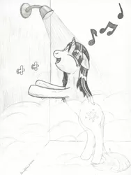Size: 900x1198 | Tagged: safe, artist:peruserofpieces, derpibooru import, twilight sparkle, pony, unicorn, bipedal, bipedal leaning, dripping, eyes closed, female, happy, horn, leaning, mare, music notes, newbie artist training grounds, pencil drawing, shower, showering, singing, singing in the shower, smiling, solo, steam, traditional art, unicorn twilight, water, wet, wet mane