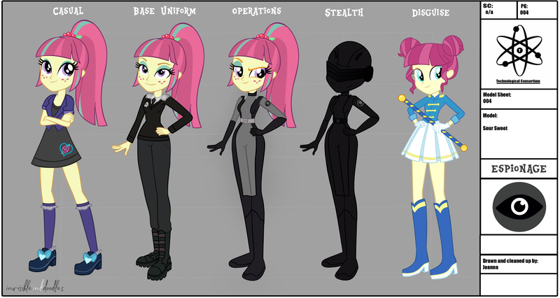 Size: 3512x1872 | Tagged: safe, artist:invisibleink, derpibooru import, majorette, sour sweet, sweeten sour, fanfic, equestria girls, bodysuit, catsuit, clothes, disguise, dress, espionage, fanfic art, g.i. joe, show accurate, skirt, slit eyes, smug, smug face, snake eyes, spy, spy suit, stealth, stealth suit