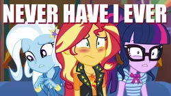 Size: 1280x720 | Tagged: safe, derpibooru import, edit, editor:biggernate91, sci-twi, sunset shimmer, trixie, twilight sparkle, equestria girls, equestria girls series, never have i ever, shimmercode, sunset's apartment, text, thumbnail, youtube, youtube thumbnail