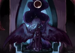 Size: 2898x2070 | Tagged: safe, artist:aoiyui, derpibooru import, princess luna, alicorn, pony, crying, eclipse, ethereal mane, eyes closed, glowing horn, horn, princess, sitting, solar eclipse, solo, spread wings, throne, wings
