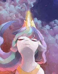 Size: 2171x2763 | Tagged: safe, artist:aoiyui, derpibooru import, princess celestia, alicorn, pony, bust, cloud, eyes closed, glowing horn, horn, portrait, princess, sky, solo