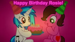 Size: 3840x2160 | Tagged: safe, artist:agkandphotomaker2000, derpibooru import, vinyl scratch, oc, oc:rose bloom, pony, birthday, cake, candle, food, hat, party hat, wrong eye color