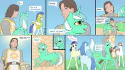 Size: 2560x1440 | Tagged: suggestive, artist:arareroll, derpibooru import, bon bon, lyra heartstrings, sweetie drops, alicorn, human, pony, unicorn, comic:sun-servant meets crowd, armor, blushing, chainmail, comic, cute, dark souls, dialogue, eyelashes, eyes closed, female, floppy ears, heart eyes, helmet, holding a pony, horn, human male, knight, lyrabetes, magic, male, mare, raised tail, royal guard, speech bubble, sword, tail, that pony sure does love humans, two toned mane, weapon, wingding eyes