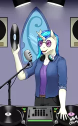 Size: 2000x3200 | Tagged: safe, artist:0-van-0, derpibooru import, vinyl scratch, anthro, unicorn, belt, cable, clothes, glasses, headphones, jacket, microphone, smiling, spotlight, turntable, vinyl disc, window