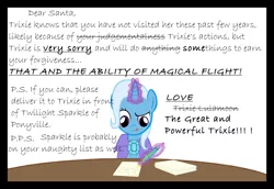 Size: 1280x883 | Tagged: safe, artist:evil-dec0y, derpibooru import, trixie, pony, unicorn, comic:trixie vs., cape, clothes, comic, female, glowing horn, horn, letter to santa, magic, mare, quill, solo, telekinesis, tongue out, trixie's cape