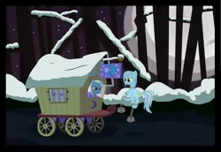 Size: 1280x883 | Tagged: safe, artist:evil-dec0y, derpibooru import, trixie, oc, oc:ghost, earth pony, ghost, pony, undead, unicorn, comic:trixie vs., cape, chains, clothes, comic, female, forest, full moon, levitation, magic, mare, moon, night, snow, telekinesis, trixie's cape, trixie's wagon