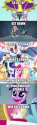 Size: 800x2695 | Tagged: safe, artist:purplewonderpower, derpibooru import, edit, edited screencap, screencap, applejack, fluttershy, pinkie pie, rainbow dash, rarity, spike, twilight sparkle, twilight sparkle (alicorn), alicorn, bird, goose, equestria girls, equestria girls (movie), sparkle's seven, bunny ears, clothes, costume, crown, cutie map, dangerous mission outfit, eye reflection, faic, goggles, hard-won helm of the sibling supreme, helping twilight win the crown, hoodie, hot air balloon, jewelry, meme, pudding face, reflection, regalia, sibling rivalry, throne room