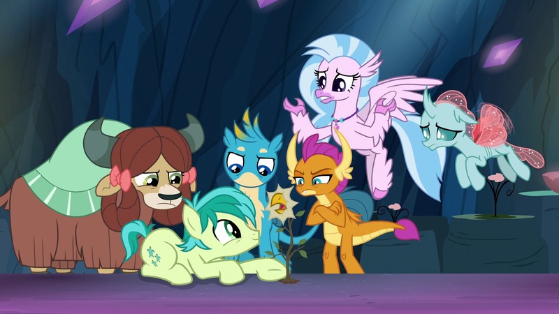 Size: 1920x1080 | Tagged: safe, derpibooru import, edit, edited screencap, screencap, gallus, ocellus, sandbar, silverstream, smolder, yona, changedling, changeling, classical hippogriff, dragon, earth pony, gryphon, hippogriff, pony, yak, uprooted, angry, beak, beakless, cartoon physics, disappointed, dragoness, female, flower, i have no mouth and i must scream, modular, no mouth, sandbar is a goddamn moron, teenager, tree, wat