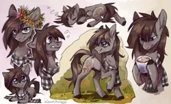 Size: 1280x783 | Tagged: safe, artist:lonerdemiurge_nail, derpibooru import, oc, oc:somber solace, unofficial characters only, earth pony, pony, clothes, coffee, coffee mug, floral head wreath, flower, male, mug, scarf, sketch, sketch dump, sleeping, solo, stallion, tired