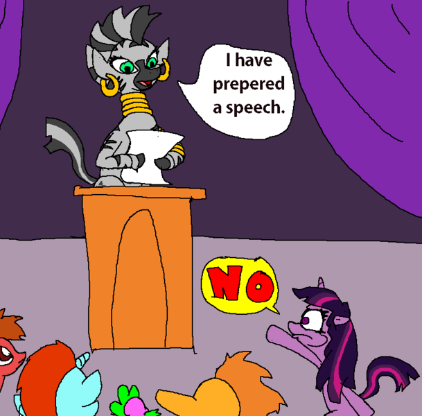 Size: 805x793 | Tagged: safe, artist:vinny van yiffy, derpibooru import, spike, twilight sparkle, zecora, dragon, pony, unicorn, zebra, bracelet, curse you rhyming, ear piercing, earring, female, image, jewelry, male, mare, necklace, paper, piercing, png, podium, quadrupedal, speech, stallion, talking