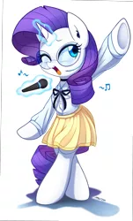 Size: 2560x4237 | Tagged: safe, artist:maren, derpibooru import, rarity, pony, semi-anthro, unicorn, bipedal, clothes, cute, female, glasses, glowing horn, headset, horn, idol, levitation, magic, mare, microphone, moe, music notes, one eye closed, open mouth, raribetes, shirt, simple background, singing, skirt, solo, standing, telekinesis, underhoof, white background, wink