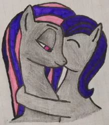 Size: 2816x3248 | Tagged: safe, artist:awgear, derpibooru import, oc, oc:dawn, oc:dawn enclave, oc:morning glory (project horizons), pony, fallout equestria, fallout equestria: project horizons, fallout, fanfic art, female, graph paper, gray coat, mother and child, mother and daughter, mother's day, pink eyes, purple mane, traditional art