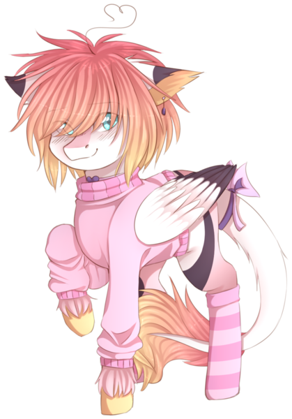 Size: 793x1136 | Tagged: safe, artist:shiromidorii, derpibooru import, oc, oc:sosuke, unofficial characters only, pegasus, pony, bow, clothes, female, leonine tail, mare, simple background, socks, solo, striped socks, sweater, tail bow, transparent background