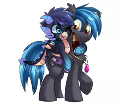 Size: 549x474 | Tagged: safe, artist:php69, artist:skaterpony, derpibooru import, part of a set, oc, oc:frosty, oc:styxus, unofficial characters only, bat pony, dragon, gem, hug, implied drinking, jewelry, male, necklace, piggyback ride