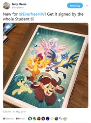 Size: 598x808 | Tagged: safe, artist:tonyfleecs, derpibooru import, gallus, ocellus, sandbar, silverstream, smolder, yona, changedling, changeling, classical hippogriff, dragon, earth pony, gryphon, hippogriff, pony, yak, bow, claws, cloven hooves, colored hooves, cute, diaocelles, diastreamies, dragoness, female, gallabetes, hair bow, jewelry, male, meta, monkey swings, necklace, paws, sandabetes, smolderbetes, student six, teenager, twitter, wings, yonadorable