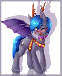 Size: 1848x2274 | Tagged: safe, artist:darksteel, derpibooru import, oc, oc:styxus, unofficial characters only, bat pony, pony, bat wings, blushing, clothes, collar, commission, cosplay, costume, gem, jewelry, male, necklace, one eye closed, reins, solo, wings, ych result