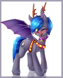 Size: 1848x2274 | Tagged: safe, alternate version, artist:darksteel, derpibooru import, oc, oc:styxus, unofficial characters only, bat pony, pony, bat wings, blushing, clothes, collar, commission, cosplay, costume, gem, jewelry, male, necklace, one eye closed, reins, solo, wings, ych result