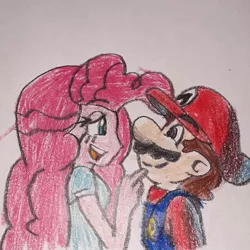 Size: 1080x1080 | Tagged: safe, derpibooru import, pinkie pie, equestria girls, crossover, crossover shipping, cute, female, male, mario, mariopie, shipping, straight, super mario bros., traditional art