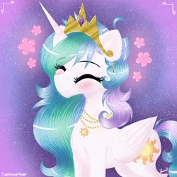 Size: 3500x3500 | Tagged: safe, artist:darkest-lunar-flower, derpibooru import, princess celestia, alicorn, pony, blushing, cute, cutelestia, cutie mark necklace, ear fluff, eyes closed, female, jewelry, mare, necklace, smiling