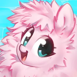 Size: 1200x1200 | Tagged: safe, artist:mirroredsea, derpibooru import, oc, oc:fluffle puff, unofficial characters only, pony, blue background, bust, cute, female, flufflebetes, looking at you, mare, ocbetes, open mouth, portrait, simple background, smiling, solo