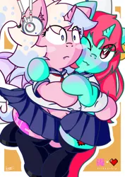 Size: 3508x4961 | Tagged: safe, artist:patoriotto, derpibooru import, oc, oc:luka, oc:preopera, semi-anthro, unicorn, blush sticker, blushing, clothes, heart, one eye closed, sailor uniform, uniform, wink