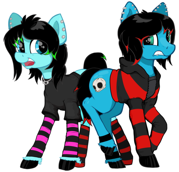 Size: 3648x3520 | Tagged: safe, artist:paskanaakka, derpibooru import, oc, oc:emo lad, oc:scene chick, unofficial characters only, earth pony, pony, brother and sister, clothes, colored hooves, commission, duo, dyed mane, dyed tail, ear piercing, earring, emo, female, hoodie, jewelry, male, mare, necklace, piercing, shirt, shy, siblings, simple background, socks, stallion, striped socks, transparent background, unshorn fetlocks