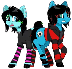 Size: 3648x3520 | Tagged: safe, artist:paskanaakka, derpibooru import, oc, oc:emo lad, oc:scene chick, unofficial characters only, earth pony, pony, brother and sister, clothes, colored hooves, commission, duo, dyed mane, dyed tail, ear piercing, earring, emo, female, hoodie, jewelry, male, mare, necklace, piercing, shirt, shy, siblings, simple background, socks, stallion, striped socks, transparent background, unshorn fetlocks