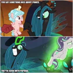 Size: 1000x1000 | Tagged: safe, derpibooru import, edit, edited screencap, screencap, cozy glow, lord tirek, queen chrysalis, starlight glimmer, changeling, changeling queen, pegasus, pony, unicorn, the beginning of the end, to where and back again, angry, caption, female, filly, food, glowing horn, horn, image macro, levitation, magic, meat, telekinesis, text