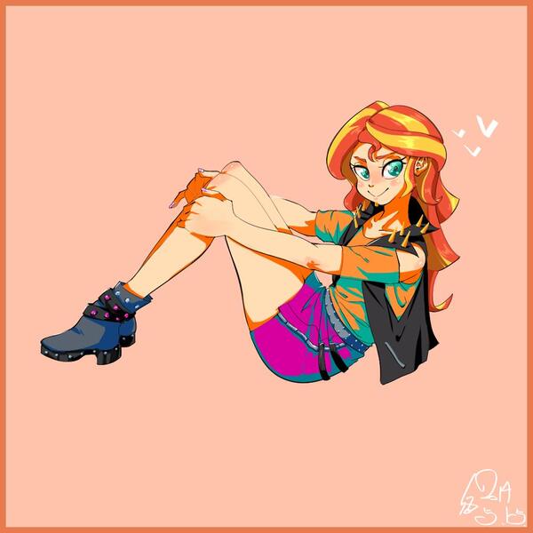 Size: 1000x1000 | Tagged: safe, artist:sozglitch, derpibooru import, sunset shimmer, equestria girls, clothes, female, heart, jacket, leather jacket, looking at you, shorts, solo