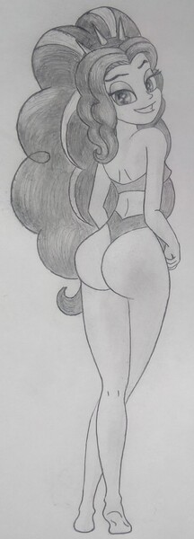 Size: 581x1613 | Tagged: artist needed, suggestive, derpibooru import, adagio dazzle, equestria girls, adagio dat-azzle, ass, barefoot, breasts, butt, clothes, crossed legs, feet, female, looking at you, looking back, looking back at you, panties, pencil drawing, solo, solo female, stupid sexy adagio dazzle, swimsuit, thong, thong swimsuit, traditional art, underwear