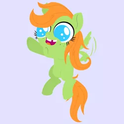 Size: 2000x2000 | Tagged: safe, anonymous artist, derpibooru import, oc, oc:apple flutter, unofficial characters only, pegasus, pony, series:fm holidays, big eyes, blank flank, female, filly, flying, freckles, lineless, no pupils, offspring, open mouth, parent:big macintosh, parent:fluttershy, parents:fluttermac, purple background, simple background, smiling, solo, tooth gap