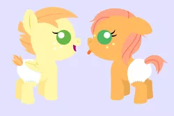 Size: 3000x2000 | Tagged: safe, anonymous artist, derpibooru import, oc, oc:crabapple cider, oc:summer breeze, unofficial characters only, pony, series:fm holidays, baby, baby pony, brother and sister, colt, diaper, duo, female, filly, fraternal twins, freckles, lineless, male, no pupils, offspring, open mouth, parent:big macintosh, parent:fluttershy, parents:fluttermac, purple background, siblings, simple background, smiling, tongue out