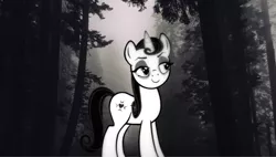 Size: 666x377 | Tagged: safe, derpibooru import, edit, editor:undeadponysoldier, moonlight raven, pony, unicorn, dark forest, eyeliner, female, fog, forest, goth, gothic eyeliner, irl, makeup, mare, mist, photo, ponies in real life, solo, tree