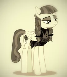 Size: 692x792 | Tagged: safe, derpibooru import, edit, editor:undeadponysoldier, inky rose, pegasus, pony, black and white, clothes, dress, female, goth, grayscale, makeup, mare, monochrome, pigtails, simple background, solo, unamused