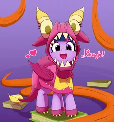 Size: 4501x4805 | Tagged: safe, artist:pabbley, derpibooru import, twilight sparkle, twilight sparkle (alicorn), alicorn, pony, uncommon bond, :d, animal costume, board game, book, clothes, costume, cute, daaaaaaaaaaaw, dialogue, dragon costume, dragon pit, female, gradient background, happy, heart, looking at you, mare, open mouth, pabbley is trying to murder us, purple background, rawr, simple background, smiling, solo, twiabetes, weapons-grade cute