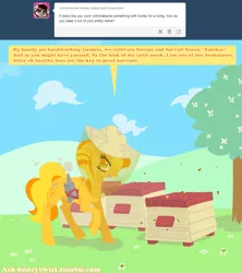 Size: 1243x1400 | Tagged: safe, artist:mindmusic, derpibooru import, oc, oc:honey twist, bee, insect, pegasus, pony, ask, bee box, beekeeper, food, honey, solo, tumblr