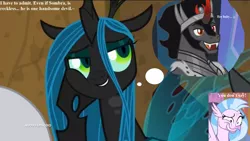 Size: 1920x1080 | Tagged: safe, derpibooru import, edit, edited screencap, screencap, king sombra, lord tirek, queen chrysalis, silverstream, changeling, changeling queen, hippogriff, shadow pony, unicorn, frenemies (episode), she's all yak, the beginning of the end, armor, bedroom eyes, cape, caption, changeling horn, changeling wings, chrysombra, clothes, curved horn, cute, cutealis, dreamy, female, flirty, funny, hoof on cheek, horn, image macro, italian, king, male, queen, shipping, straight, stupid sexy sombra, text, thinking, wings