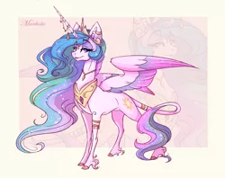 Size: 2799x2217 | Tagged: safe, artist:marbola, derpibooru import, princess celestia, alicorn, pony, cloven hooves, colored wings, female, horn, horn jewelry, jewelry, leonine tail, lidded eyes, looking at you, mare, multicolored wings, solo, spread wings, unshorn fetlocks, wings, zoom layer