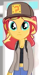 Size: 720x1372 | Tagged: safe, artist:grapefruitface1, derpibooru import, sunset shimmer, equestria girls, backpack, clothes, cosplay, costume, crossover, looking at you, mario hat, midriff, sad, solo, super mario bros., vinesauce, vinny (vinesauce)