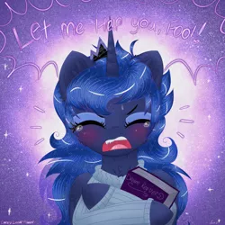 Size: 3500x3500 | Tagged: safe, artist:darkest-lunar-flower, derpibooru import, princess luna, alicorn, pony, blushing, book, clothes, crying, eyes closed, female, holding, mare, open mouth, solo, sweater, teary eyes